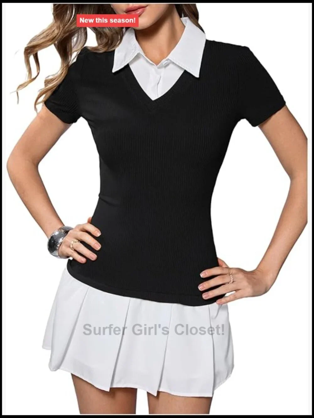 2 in 1 A-Line Pleated Collar Mini Dress Short Sleeve Viscose